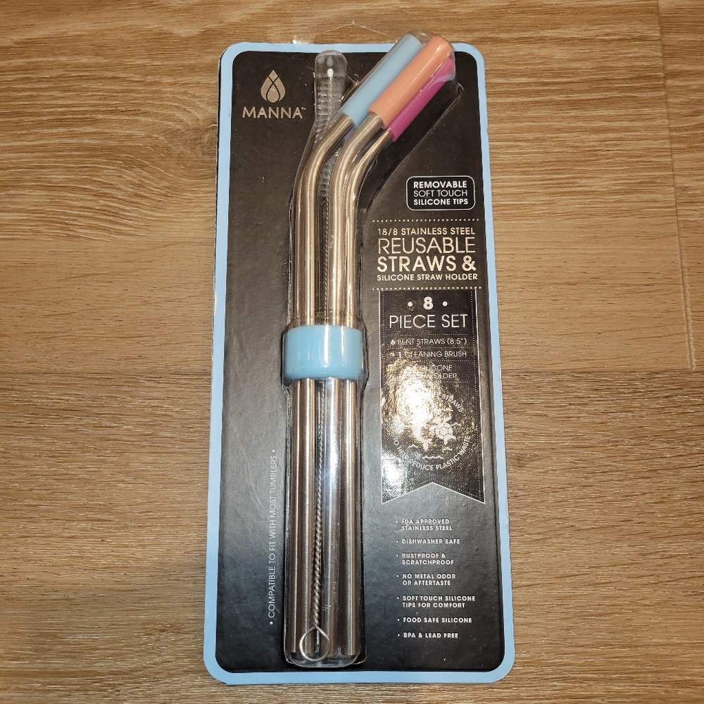 MANNA 18/8 Stainless Steel Reusable Straws & Silicone Straw Holder 8 Piece Set